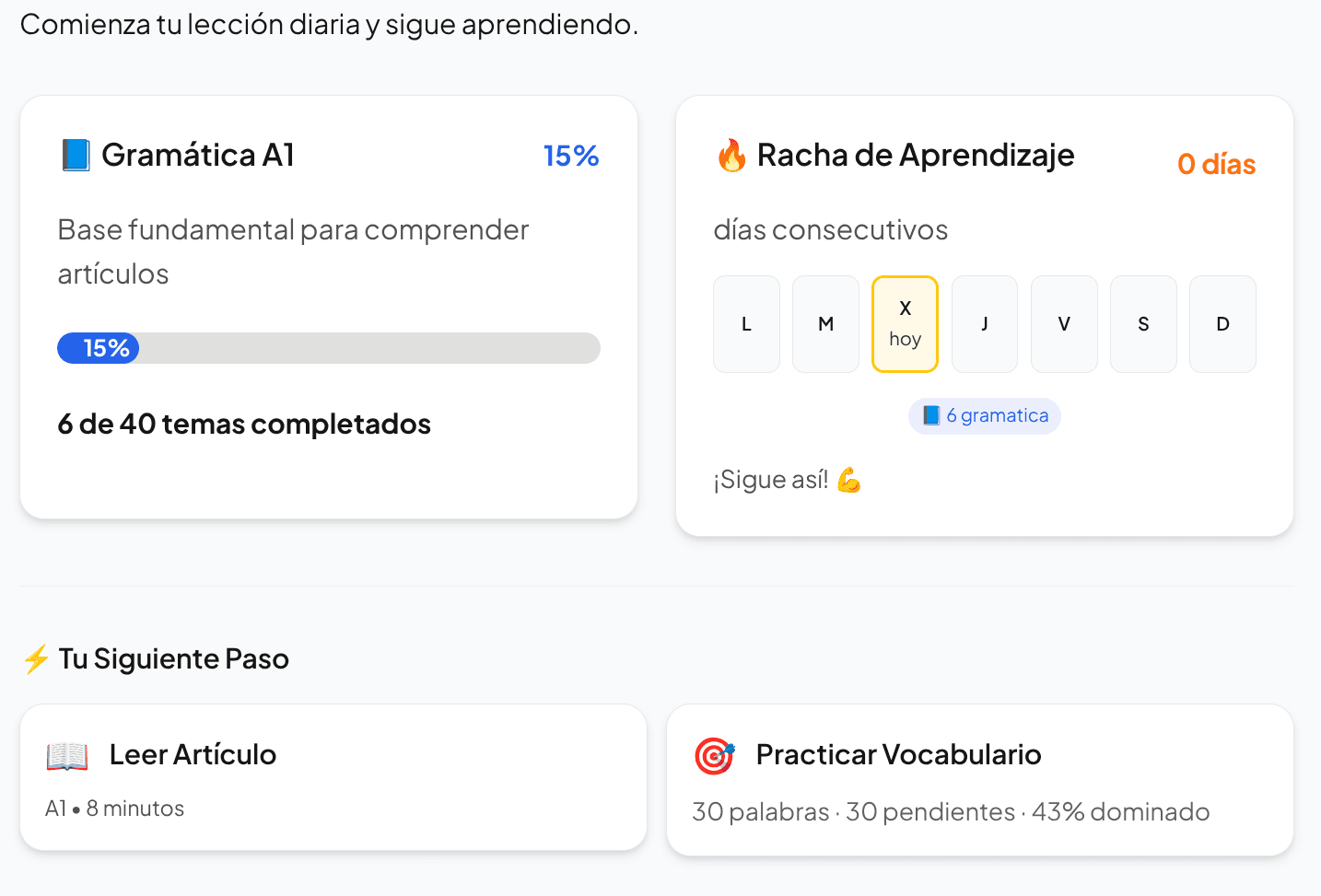 Captura del panel de Blabling con tu progreso de gramática, racha de aprendizaje y próximos pasos